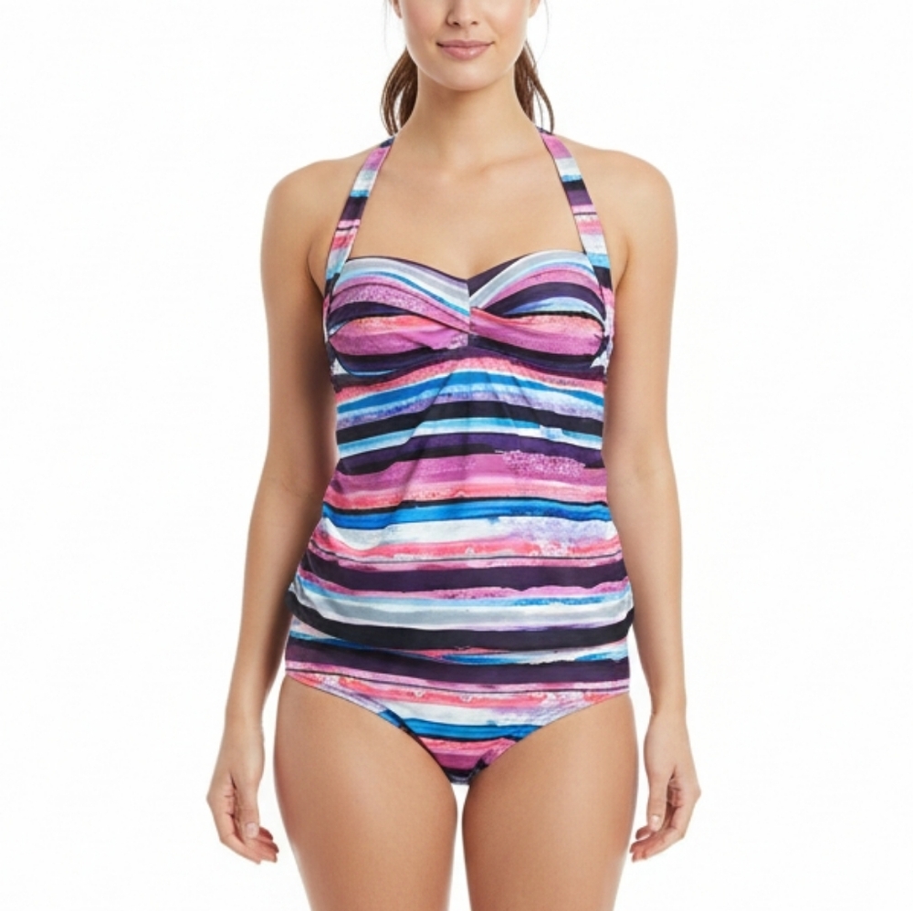Shore Club Striped Halter Tankini Top Swimsuit Tank Womens Size 16 Built In Bra